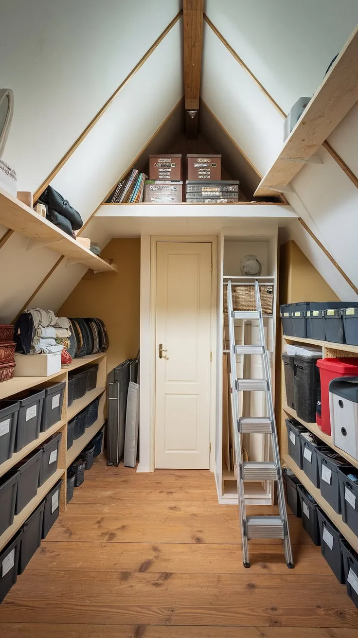 Unleash the potential of your attic!  This expertly organized space maximizes every inch with an attic closet, loft storage accessed by a pull-down ladder, clever eave storage, and practical knee wall storage.  Clear storage labels ensure everything is easily accessible.  Attic organization at its finest.