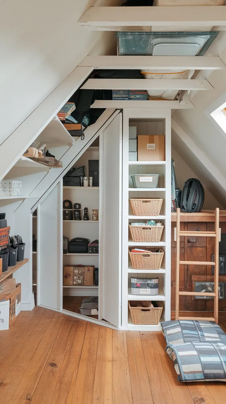 This attic transformation is a masterclass in attic organization!  Clever use of attic storage solutions, from the custom attic closet and eave storage shelves to the ingenious knee wall storage and loft storage accessed by a ladder, maximizes every inch.  Neatly labeled storage labels keep everything easily accessible.