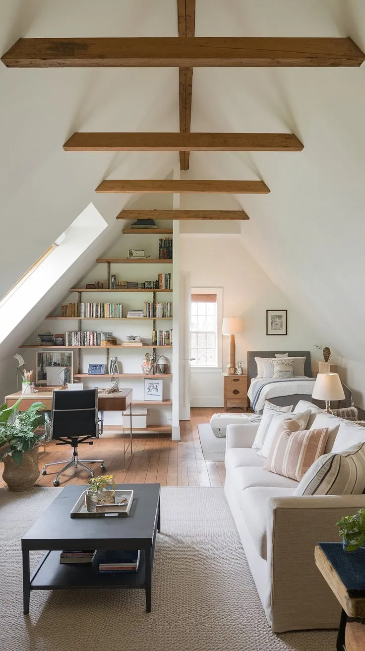 This attic conversion maximizes space, cleverly combining attic living room comfort, a dedicated attic office for productivity, and a cozy attic bedroom—all under stunning exposed beams. Attic design perfection.