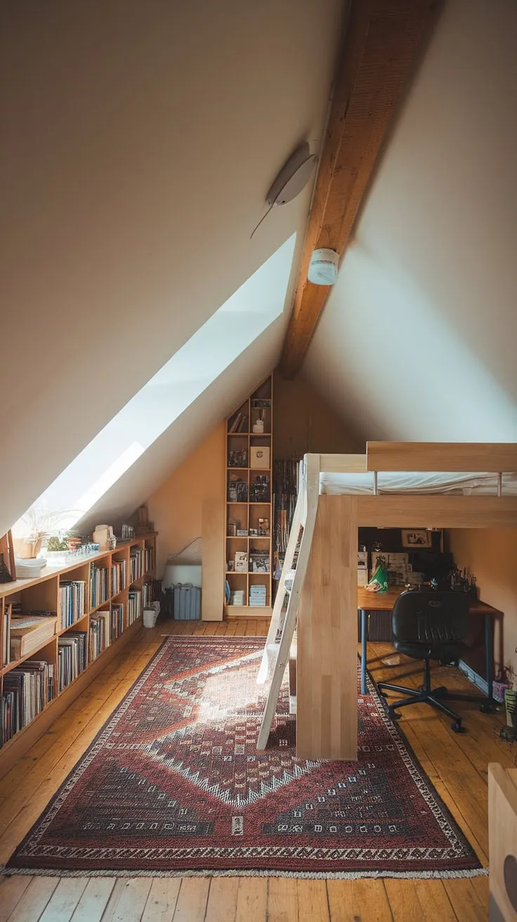 Sunlight streams into this cozy attic room, perfectly transformed into a functional attic office and bedroom with a loft bed. Clever attic design maximizes the attic space, showcasing brilliant attic ideas for an attic conversion.