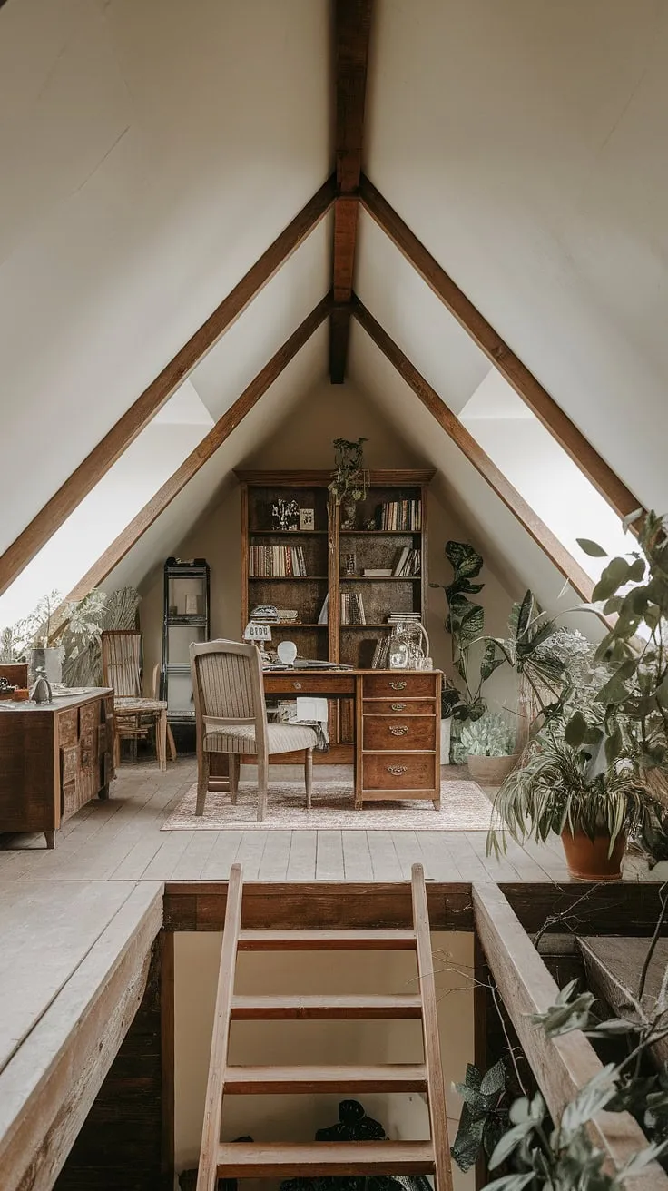 This attic conversion beautifully utilizes the sloping roof of this attic room, creating a unique and inviting attic space. The rustic attic design features a wooden ladder, vintage furniture, and lush greenery, suggesting possibilities for an attic office, attic bedroom, or even a delightful attic living room. Explore these attic ideas for your own home and see how you can transform your attic into a functional and stylish addition.