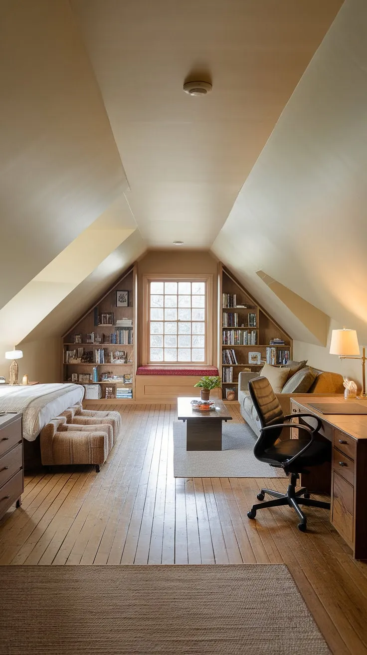 Cozy attic conversion maximizing space: attic bedroom, living room, and office all in one stunning attic room. Brilliant attic design and attic ideas for your dream attic space.