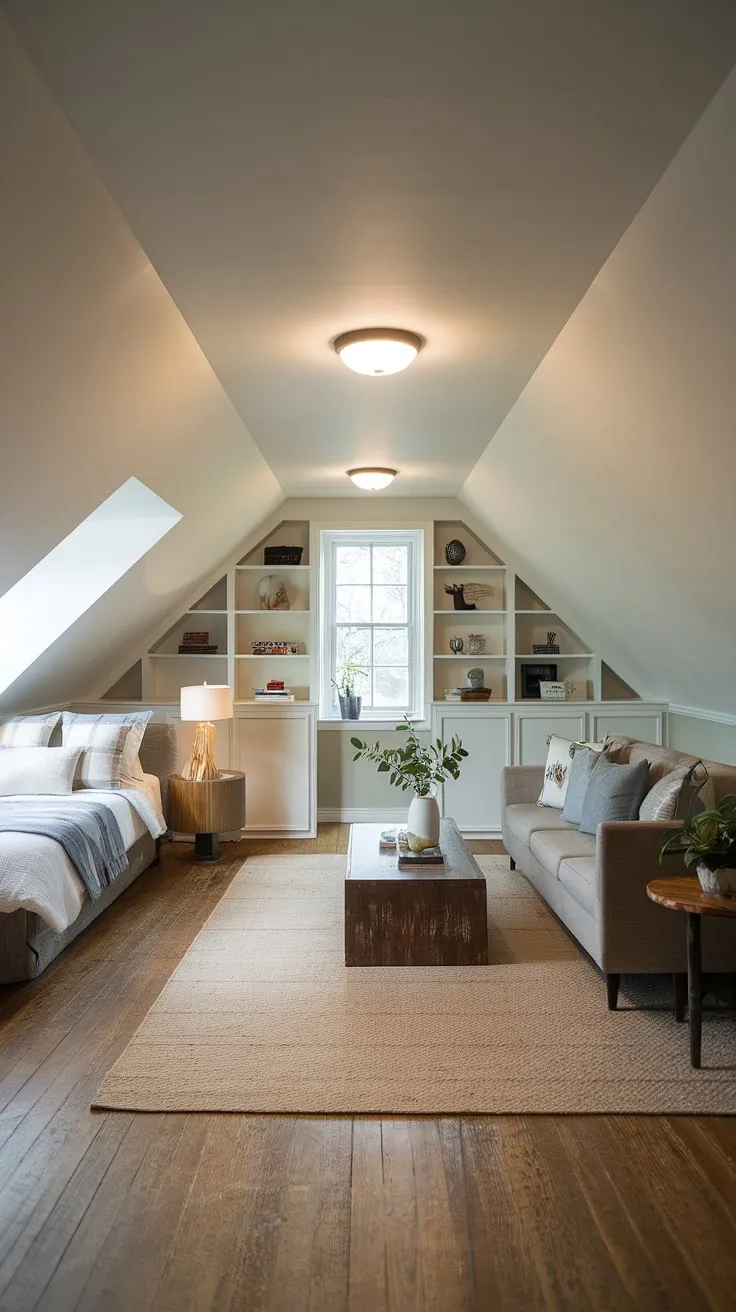 This stunning attic conversion maximizes every inch of attic space, cleverly combining an attic living room with a cozy attic bedroom. Built-in shelves add functionality, while the sloped ceiling adds character to this unique attic design. Perfect attic ideas for anyone looking to transform their attic room into a versatile and stylish living space. The natural light streaming in highlights the thoughtful attic office potential of this space.