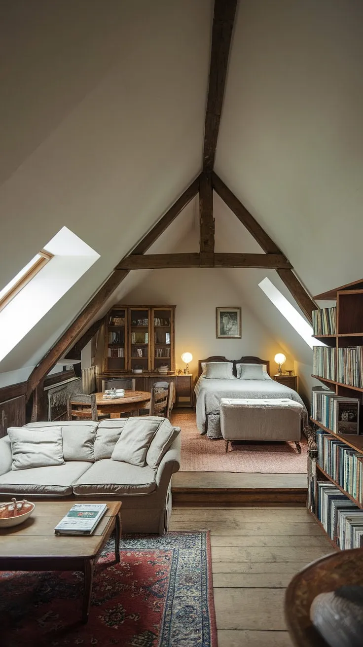 Sunlight streams through the skylight illuminating this charming attic conversion. The clever attic design maximizes the attic space, seamlessly blending an attic living room with a cozy attic bedroom. Rustic wooden beams add character to this unique attic room, showcasing inspiring attic ideas for anyone considering an attic office or simply a more creative use of their attic space.