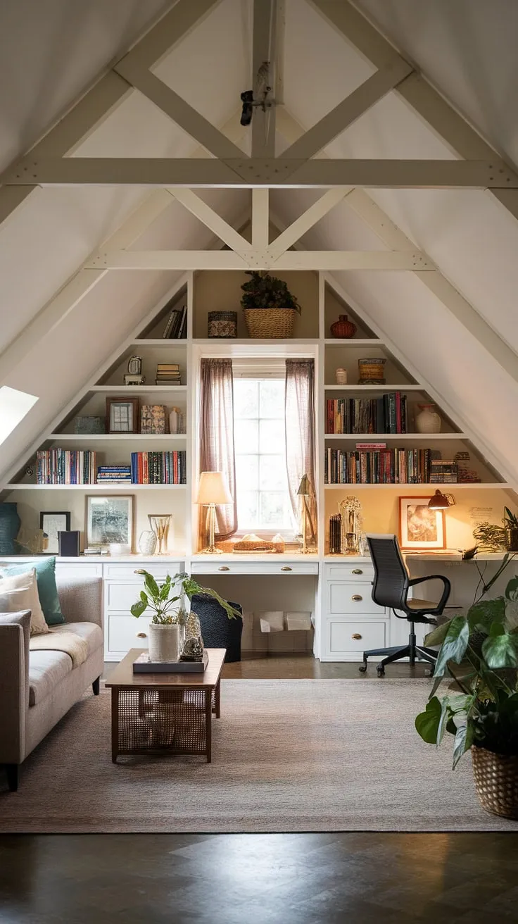 Sunlight streams into this charming attic room, showcasing a clever attic conversion that seamlessly blends a cozy living space with a dedicated attic office area. The exposed beams and trusses add character to this attic design, while the thoughtful attic ideas, including built-in shelves and a comfortable rug, create a warm and inviting attic bedroom feel. This attic space truly maximizes potential.