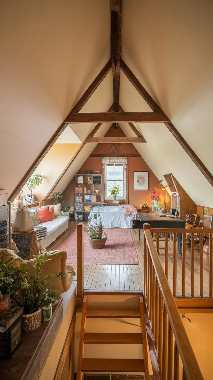 Cozy attic conversion: This attic room maximizes attic space with a clever attic design, seamlessly blending attic bedroom, attic living room, and attic office areas. A perfect example of attic ideas for a functional and stylish home.