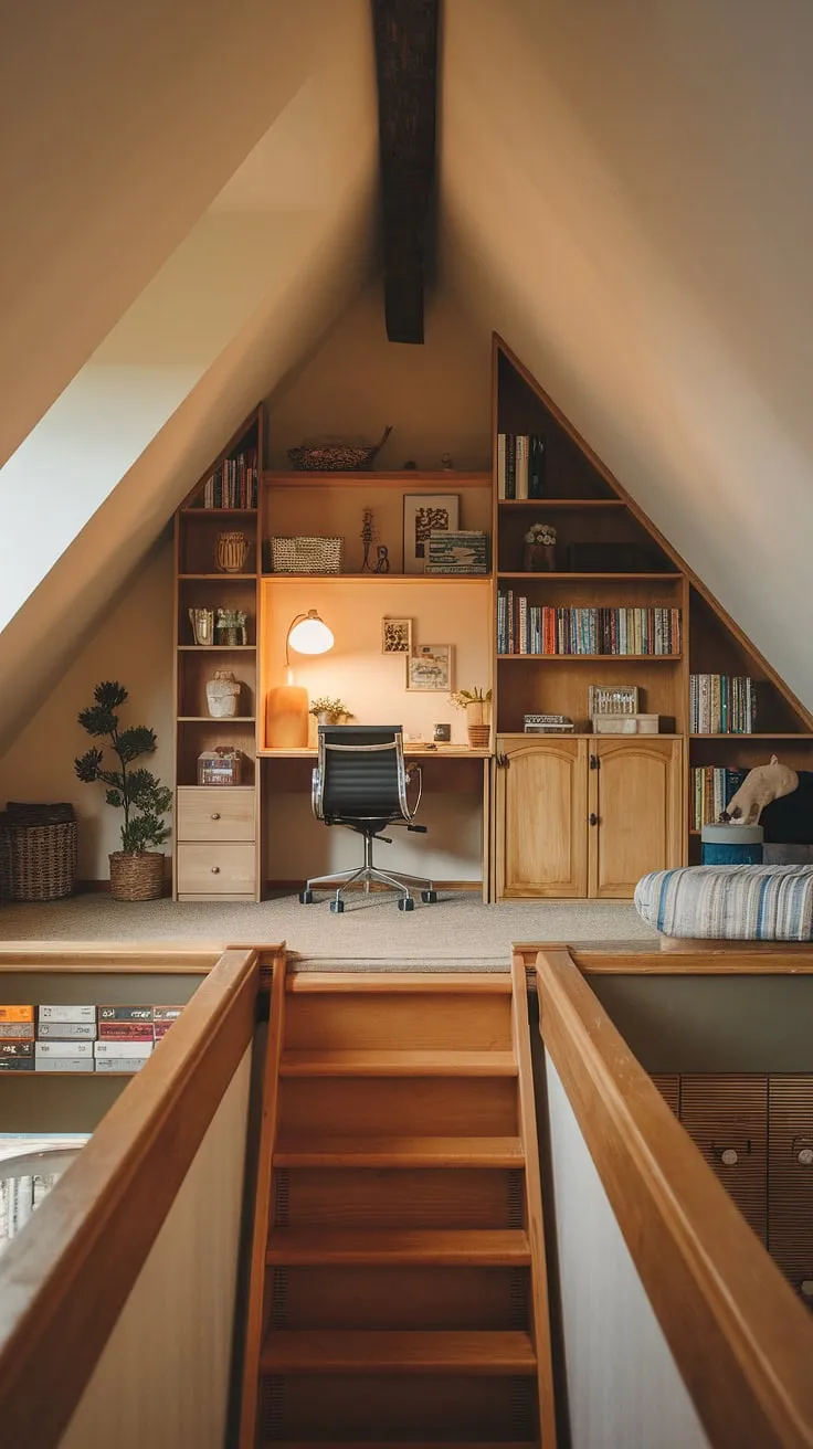 Cozy attic conversion: this attic room seamlessly blends attic bedroom, attic office, and attic living room elements for a unique attic design. Clever attic ideas maximize this attic space.