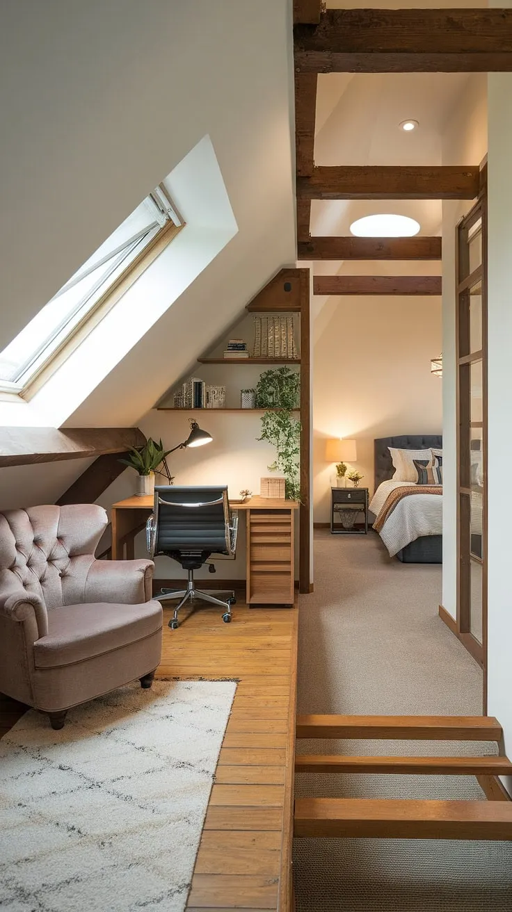 Transforming an attic into a multi-functional haven: this attic conversion boasts a charming reading nook, a practical attic office, and a restful attic bedroom, all within the same attic space. Exposed wooden beams and a skylight add character to this attic room, while the blend of wood and carpet flooring creates a comfortable atmosphere. This attic design is a masterclass in attic ideas, showcasing how to maximize an attic's potential for comfortable attic living.