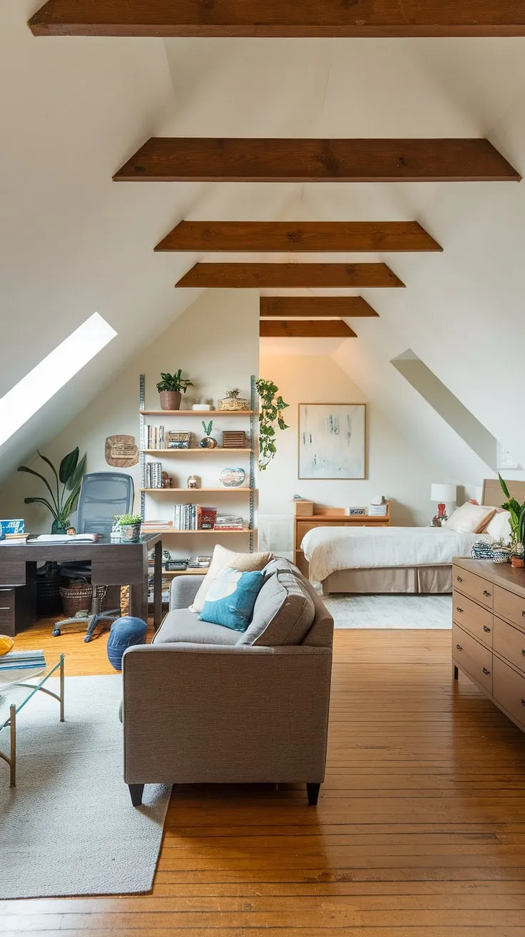 This stunning attic conversion maximizes every inch of attic space, seamlessly blending an attic living room with a cozy attic bedroom and a productive attic office. The exposed wooden beams and skylight add character, while the thoughtful attic design creates distinct yet connected zones. Clever attic ideas are evident throughout, from the built-in bookshelf to the strategic placement of plants. This attic room is a testament to the potential of attic design.