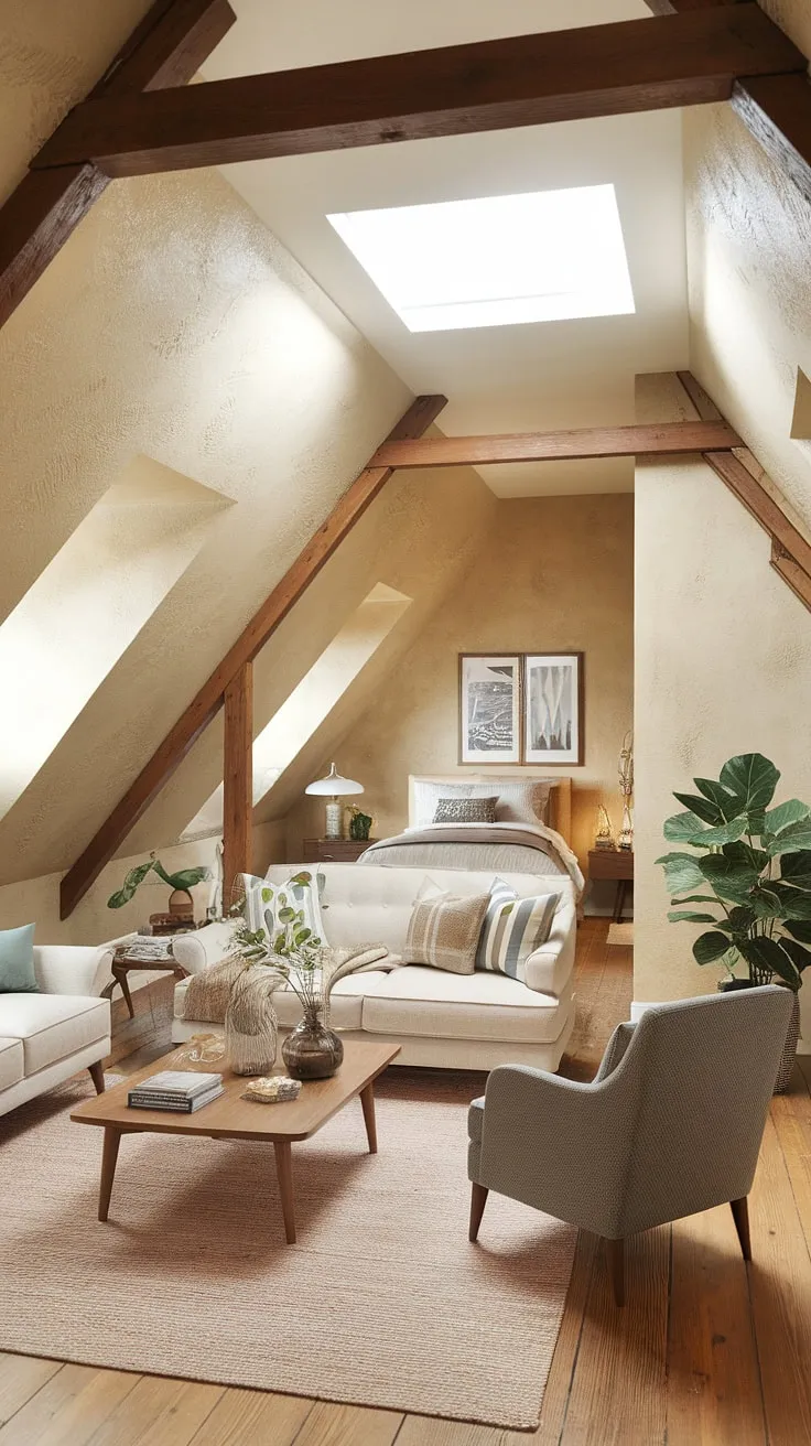 Sunlight streams through the skylight illuminating this stunning attic conversion. The exposed wooden beams and textured walls add character to the open-plan attic living room, seamlessly flowing into a cozy attic bedroom. This attic design showcases clever attic space utilization, offering both a relaxing seating area and a peaceful sleeping space. The result is a unique and functional attic room, perfect for those seeking creative attic ideas. This attic office/bedroom combo is a testament to the possibilities of attic conversions.