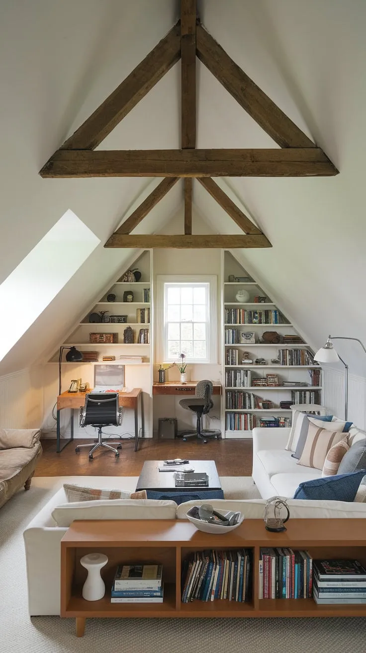 Clever attic design transforms this attic room into a multi-functional haven. An attic living room, complete with a comfortable sofa and bookshelf, flows effortlessly into a peaceful attic bedroom and a dedicated attic office space. This attic conversion is a testament to maximizing attic space and realizing creative attic ideas.
