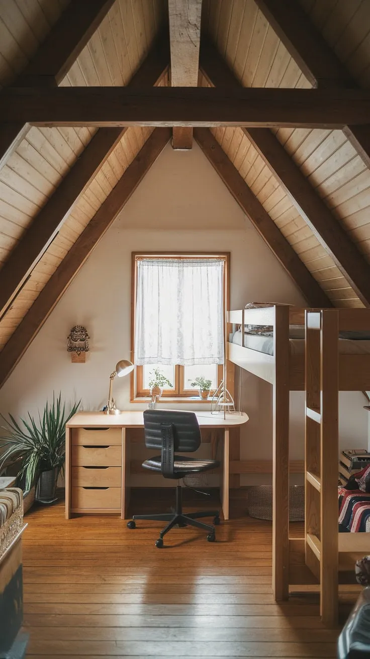 This attic design perfectly utilizes the unique space of this attic room. The loft bed maximizes vertical space, while the desk and chair create a comfortable attic office within this attic bedroom. Natural light floods the room through the window, highlighting the rustic charm of the exposed beams and wooden floors. This attic conversion is a testament to creative attic ideas for transforming underutilized attic space into a functional and stylish attic living room.