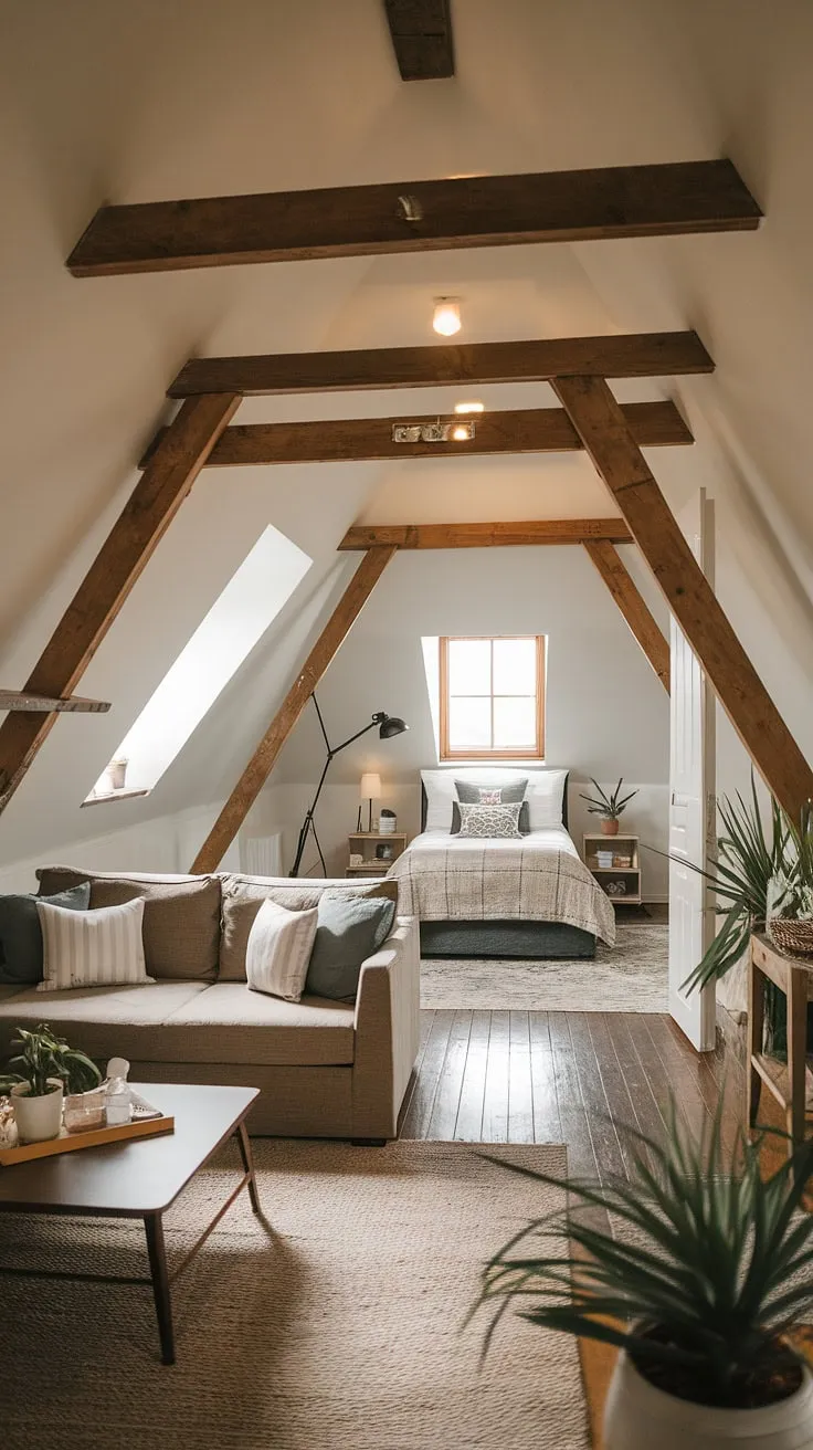 This stunning attic conversion showcases the perfect blend of attic living room and attic bedroom design. The exposed wooden beams add character to the attic space, while the cozy sofa and comfortable bed create a relaxing atmosphere. Clever attic ideas maximize the limited space, transforming this attic room into a functional and stylish retreat. The addition of a small window and a strategically placed plant brings in natural light and enhances the overall attic design. This attic office could easily be incorporated too.