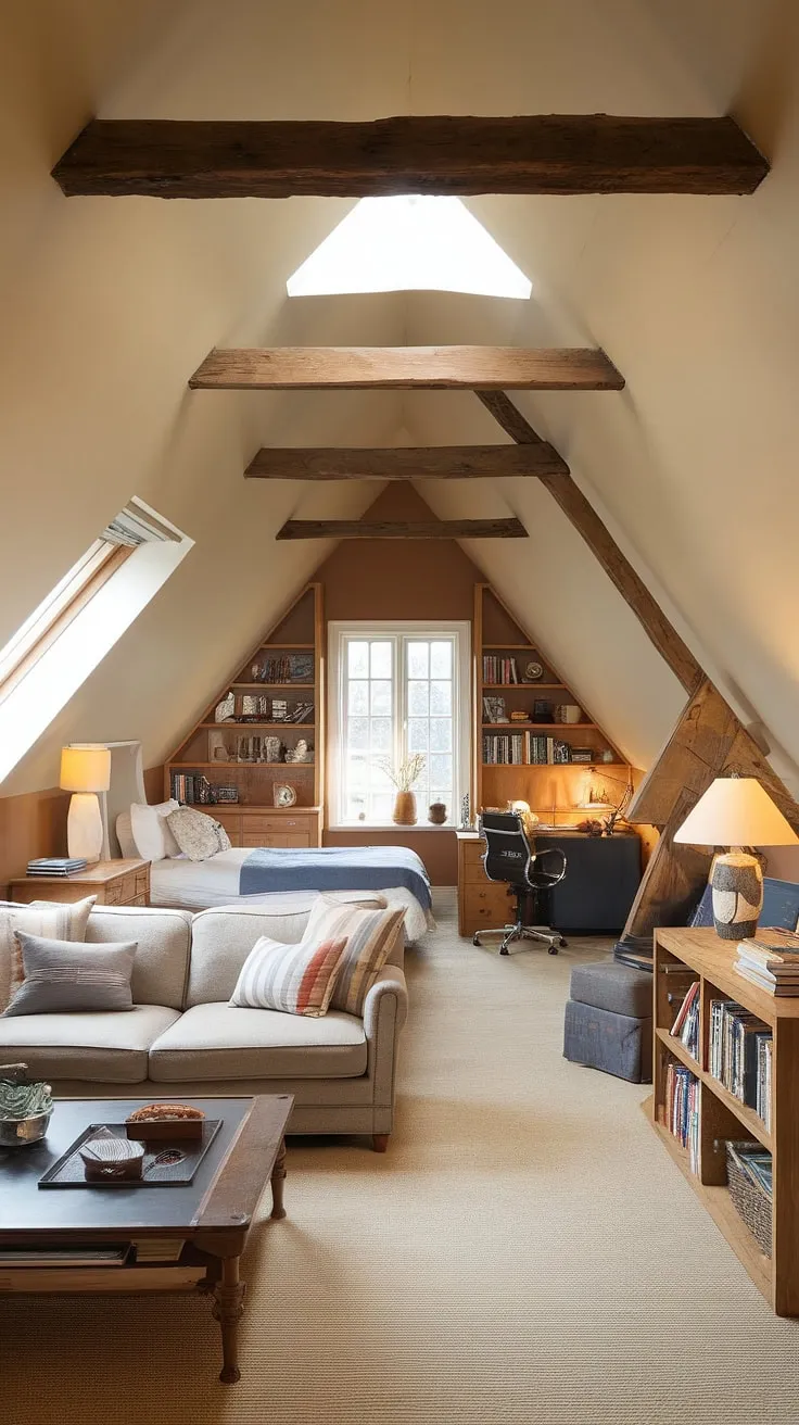 Sunlight streams through the skylight illuminating this stunning attic conversion. The clever attic design maximizes the attic space, seamlessly blending an attic living room with a cozy attic bedroom and a functional attic office. Exposed wooden beams add character, while warm wall tones create a welcoming atmosphere. This attic room is a testament to creative attic ideas.