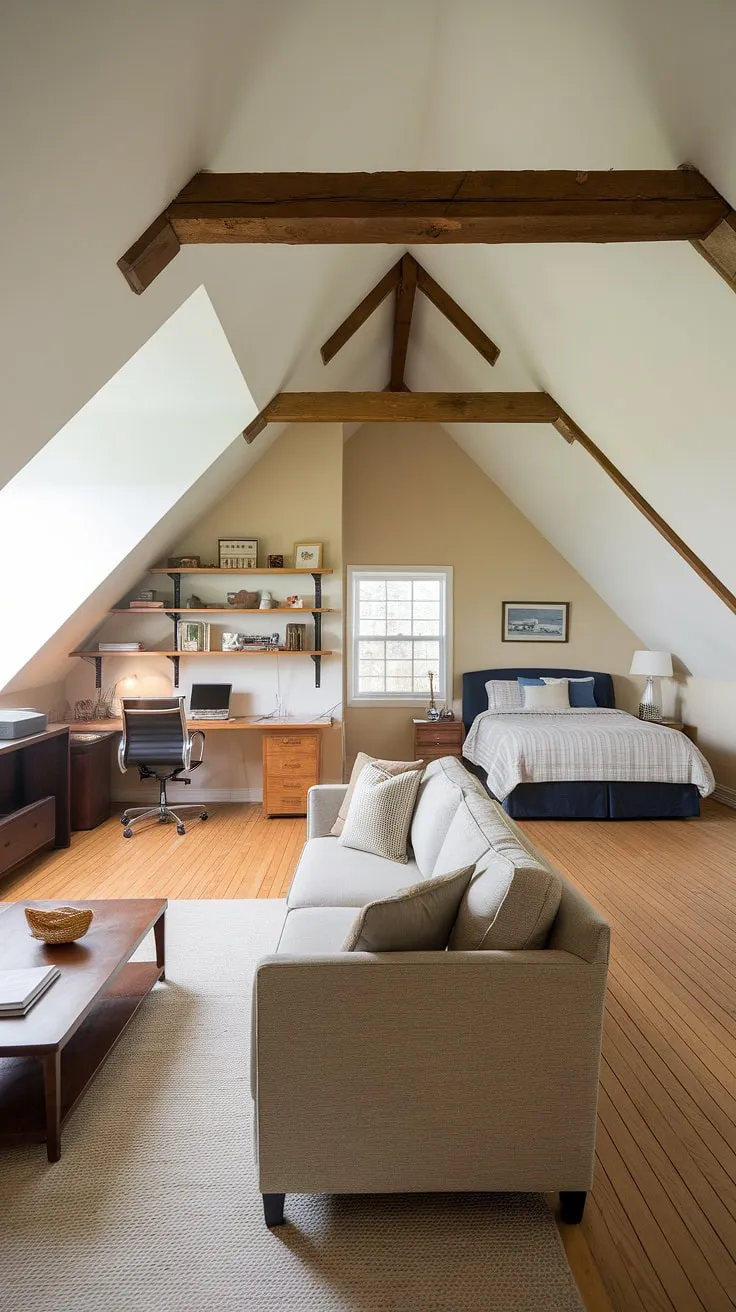 Transforming attic space into a stunning living area: this attic TV room boasts an attic living room, attic office, and attic bedroom, showcasing inspiring attic ideas and smart attic design.