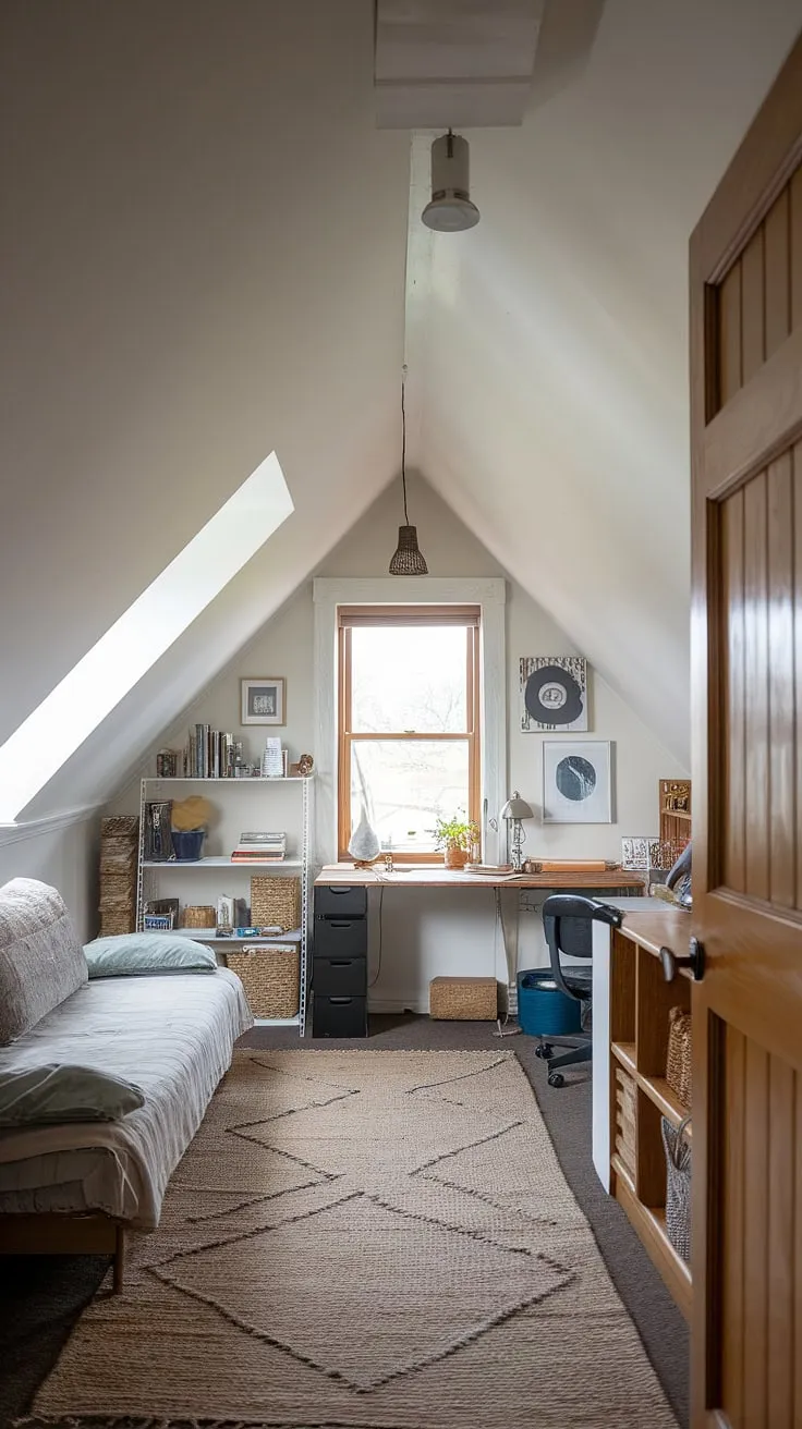 Cozy attic living room, cleverly designed attic space maximizing this attic room's potential. Perfect attic conversion for an attic office or attic bedroom, showcasing brilliant attic ideas.