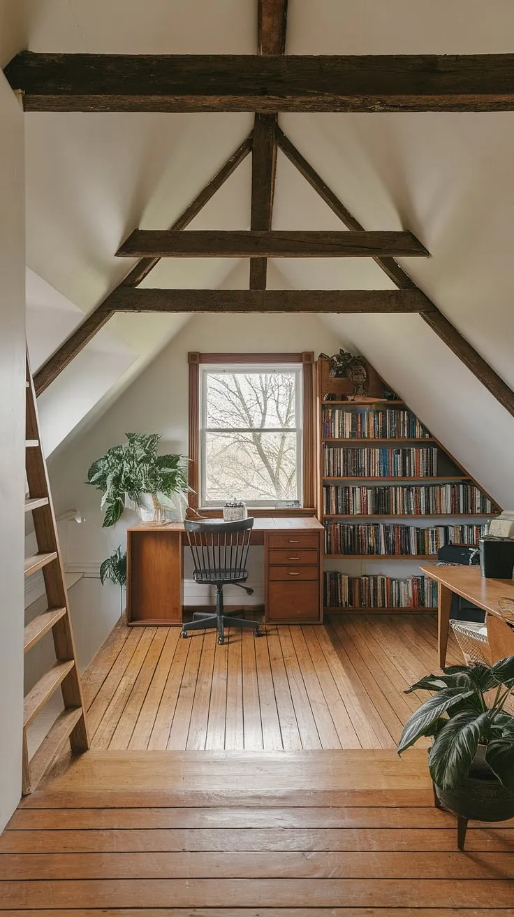 Sunlight streams through the window of this charming attic room, illuminating a cozy workspace. The exposed beams and slanted ceiling are key features of this successful attic conversion, showcasing clever attic design and maximizing the attic space. With a desk, bookshelf, and potted plant, it's the perfect attic office, but could easily be adapted as an attic bedroom or even a unique attic living room. The ladder hints at further attic ideas waiting to be explored.