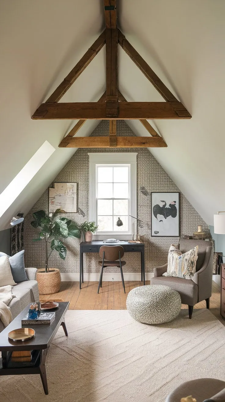 This stunning attic conversion showcases the potential of an attic space. The sloped ceilings and exposed wooden beams add character to this cozy attic living room, complete with comfortable seating and a dedicated desk area, perfect for a small attic office or quiet attic bedroom. This attic design offers clever attic ideas for maximizing space and creating a functional and stylish attic room.