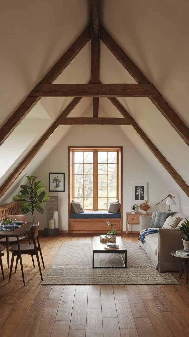 This stunning attic conversion maximizes every inch of attic space, seamlessly blending an attic living room with a cozy attic bedroom and a small dining area. The exposed wooden beams and sloping roof add undeniable rustic charm to this clever attic design, while the large window and window seat create a bright and airy feel. Perfect attic ideas for anyone looking to transform their attic room into a functional and beautiful living space. This attic office/bedroom combo is a testament to creative attic design.