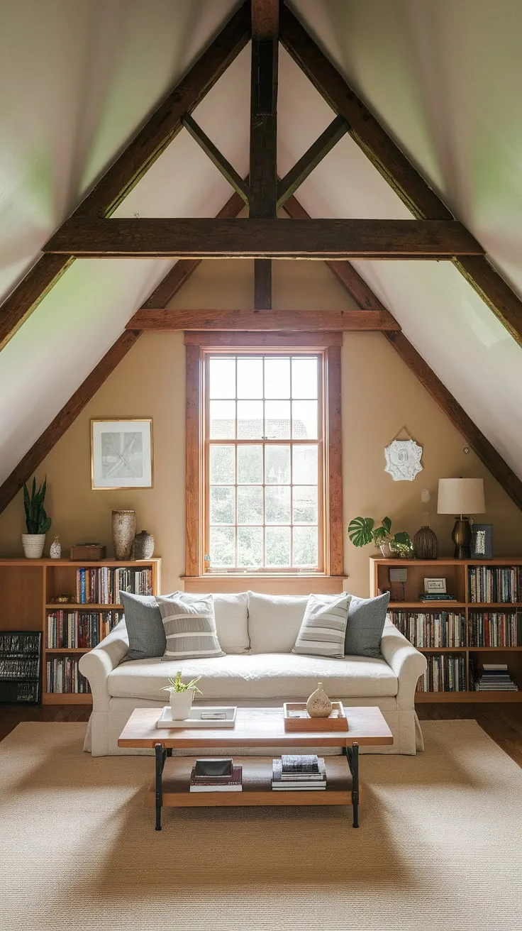 From attic space to cozy attic living room; this attic conversion boasts rustic charm and clever attic design, perfect for movie nights or as a versatile attic office or attic bedroom. This attic room proves that even the smallest attic ideas can create a stunning space.