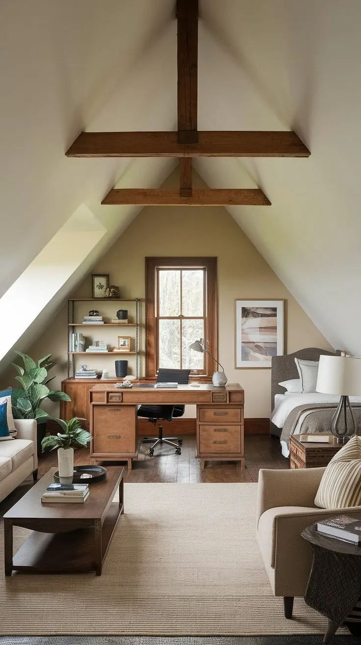 Transforming an underutilized attic space into a dream home is achievable with the right attic design. This attic conversion showcases a perfect blend of attic living room comfort, a dedicated attic office for productivity, and a peaceful attic bedroom retreat. The thoughtful use of light and the incorporation of rustic wooden beams highlight the charm of this attic room, offering inspiring attic ideas for anyone considering an attic conversion.