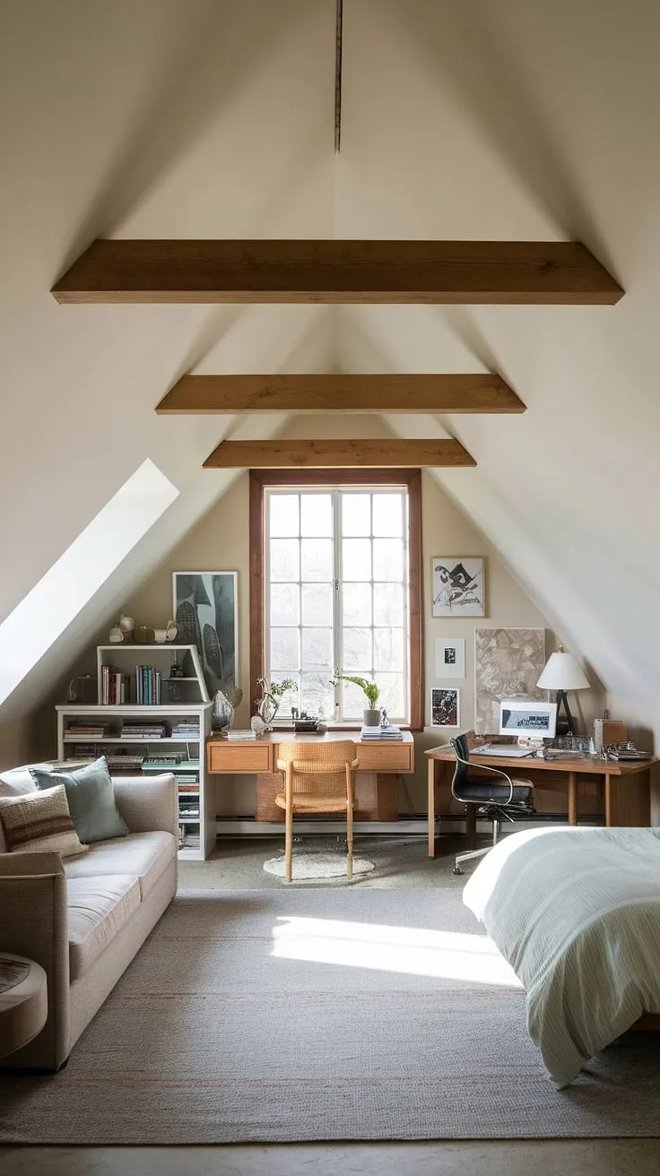 Sunlight streams into this charming attic room, cleverly designed as a living room, office, and bedroom—a perfect example of attic conversion and attic design. This attic space maximizes functionality with an attic office, attic bedroom, and cozy attic living room.