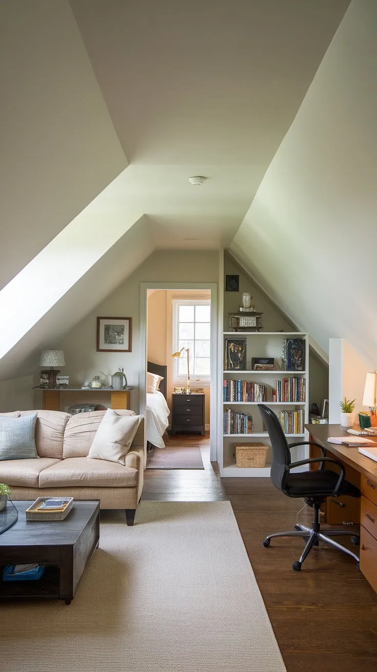 Transform your attic space into a dream home with this stunning attic room. Featuring an attic living room, attic bedroom, and a functional attic office, this attic conversion is the ultimate in attic design.