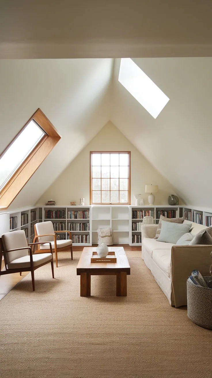 Sunlight streams into this charming attic living room, showcasing the clever attic conversion and design. The beige sofa and wooden coffee table create a cozy atmosphere within this maximized attic space, while the white bookshelf adds a touch of elegance. This attic room demonstrates how an attic office or even an attic bedroom could be beautifully realized with the right attic ideas.