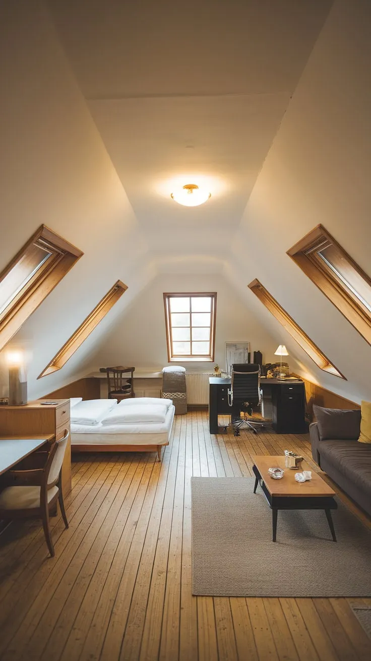 Maximize your attic space with this stunning attic conversion. Clever attic design transforms this attic room into a cozy attic bedroom, functional attic office, and relaxing attic living room, all in one.