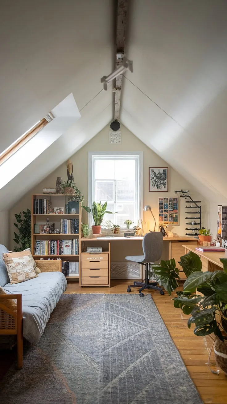 Transforming attic space into a stunning attic TV room: this attic conversion boasts an attic bedroom, attic office, and a comfortable attic living room, showcasing brilliant attic ideas.