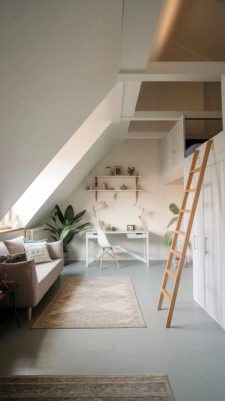 Cozy attic living room, perfectly blending attic bedroom and attic office design. This attic conversion maximizes attic space with clever attic ideas.