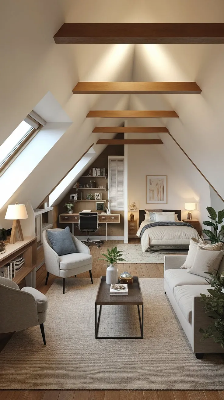 This attic conversion is a masterclass in attic design. The exposed wooden beams add character to this versatile attic space, which cleverly incorporates an attic office, a relaxing attic living room with plush seating, a peaceful attic bedroom with a queen-size bed, and a quiet reading nook. This attic room is a testament to the possibilities of creative attic ideas, transforming unused attic space into a beautiful and functional living area.