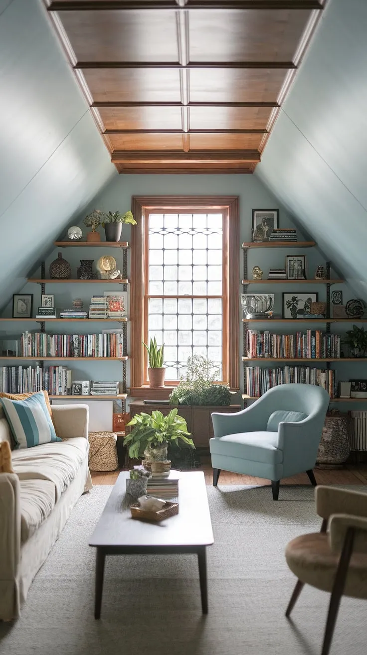 This charming attic living room showcases the potential of attic conversion. The light blue walls and wooden beams create a cozy atmosphere, while the built-in shelves overflowing with books and plants add personality. Clever attic design maximizes the attic space, transforming this once-unused attic room into a functional and stylish retreat. Perfect attic ideas for anyone considering an attic bedroom or attic office conversion.
