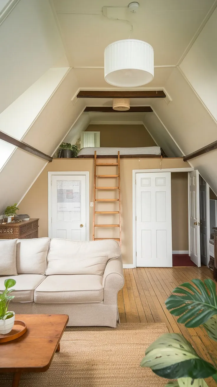 Transforming attic space into a stunning attic room: This attic design features a relaxing attic living room, a functional attic office area, and a charming attic bedroom all in one. Brilliant attic conversion ideas.