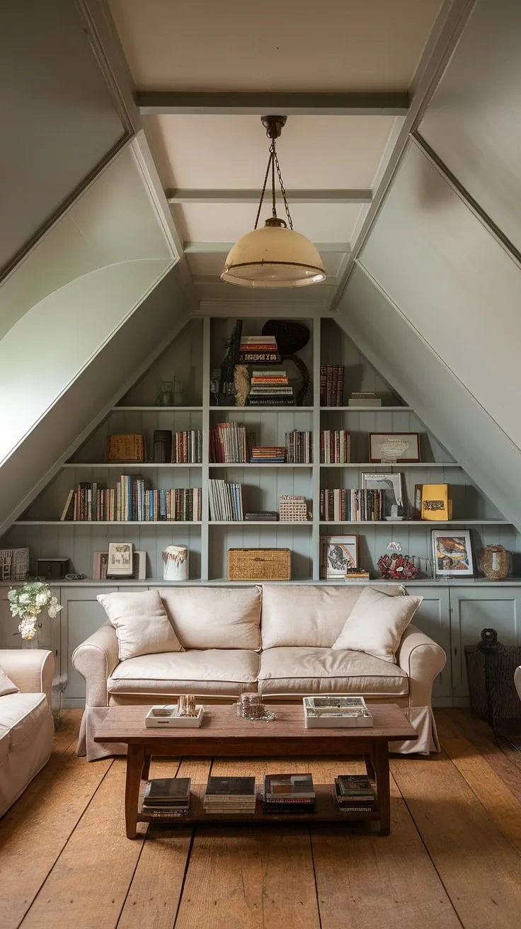 Transforming an attic space into a functional and stylish living area is easier than you think! This attic design proves that an attic room can be more than just storage. With clever attic ideas, this attic conversion became a cozy attic living room, complete with a comfortable sofa, wooden coffee table, and built-in shelving. Consider this inspiring example for your own attic bedroom, attic office, or any other attic space you're looking to renovate. The warm lighting and wooden floors complete the inviting atmosphere of this beautiful attic room.