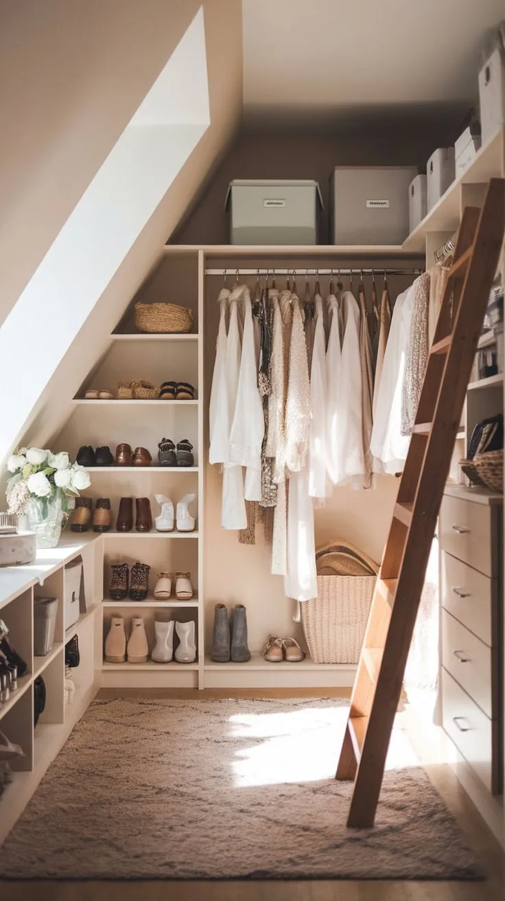 Step into your attic walk-in closet, a haven where meticulously arranged garments and accessories whisper tales of effortless chic, proving that even the most practical spaces can be breathtakingly beautiful.