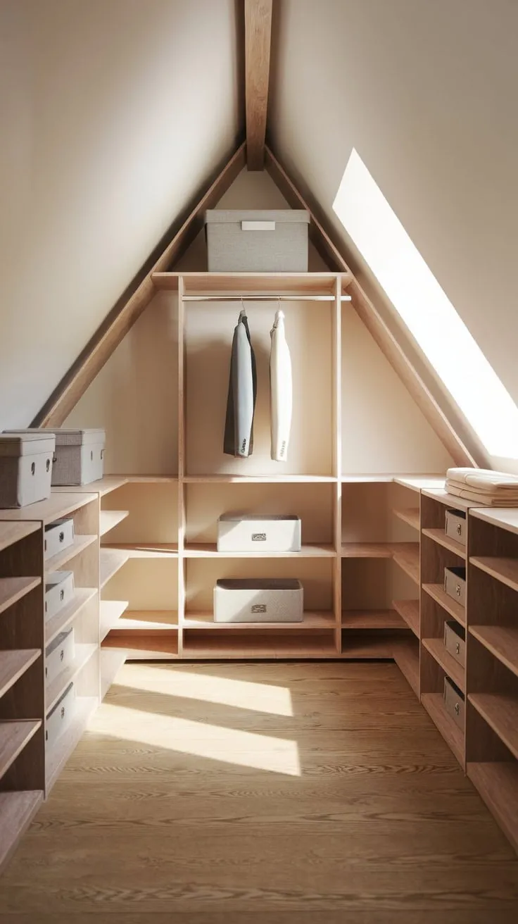 Step into your attic, now a beautifully organized walk-in closet, where functionality dances with style, creating a serene sanctuary for your wardrobe.