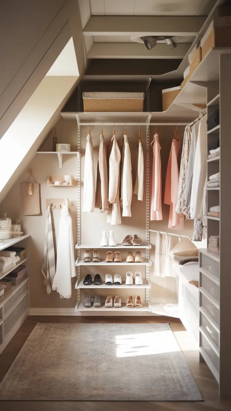 This beautifully organized attic walk-in closet perfectly blends functionality and warmth, creating an inviting space that makes getting dressed a delightful experience.