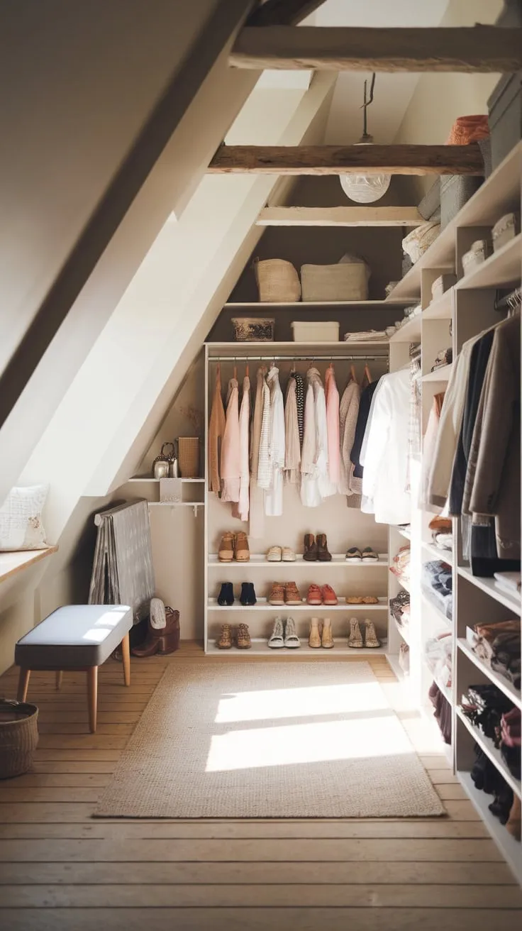 Imagine escaping to your attic walk-in, a space where rough-hewn wood meets polished chrome, creating a sanctuary that's both effortlessly chic and utterly functional – the ultimate hideaway for your sartorial passions.