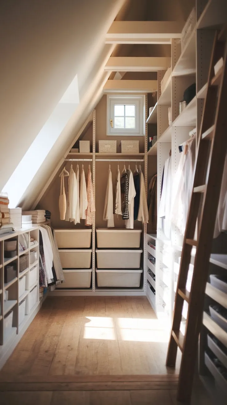 The attic walk-in closet, a haven of organized bliss, whispers promises of sartorial serenity, inviting you to lose yourself in its carefully curated charm and find the ideal retreat for your clothes.