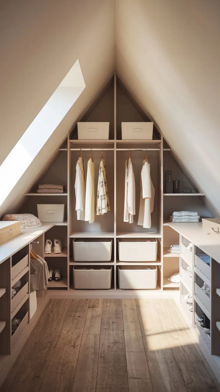 This well organized attic walk-in closet exudes warmth and charm, making it the perfect retreat for curating your favorite outfits.