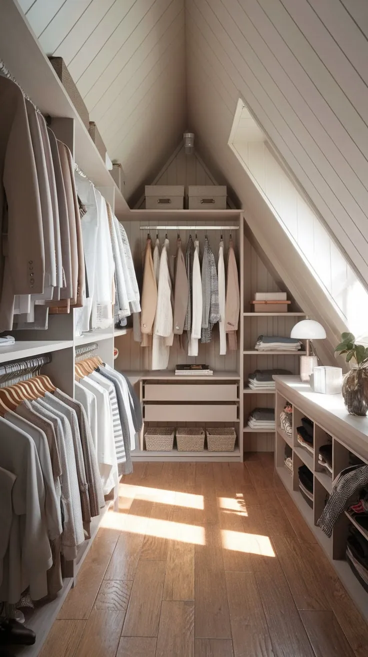 Imagine stepping into your attic walk-in closet: sunlight streams through the dormer window, illuminating the rich textures and clever storage solutions that transform this once-forgotten space into a stylish sanctuary, a testament to the art of beautifully organized living.