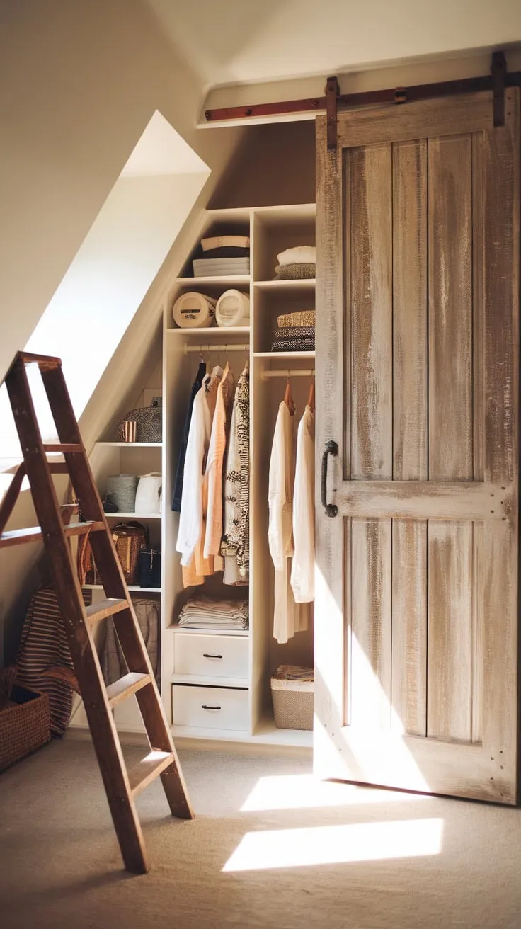Step into your attic walk-in closet, where exposed beams whisper tales of bygone eras, perfectly juxtaposed against meticulously arranged shelves and rods – a sartorial sanctuary designed for your discerning eye.