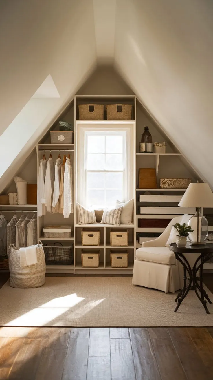This well organized attic walk-in closet exudes warmth and charm, making it the perfect retreat for curating your favorite outfits.