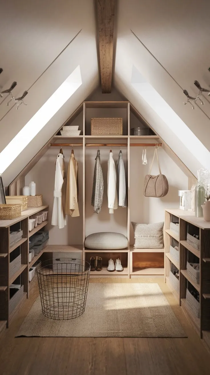Step into your attic walk-in closet, a haven where exposed beams whisper tales of the past while sleek, custom shelving anticipates your every sartorial need, transforming the once-forgotten space into a sanctuary of curated calm.