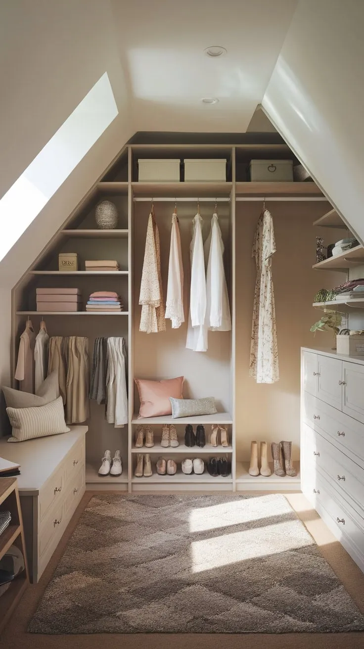 Step into your attic walk-in closet, a haven where ingenious design meets breathtaking aesthetics. The tranquil color scheme transforms the simple act of organizing your beloved clothes and accessories into a luxurious, almost meditative experience.