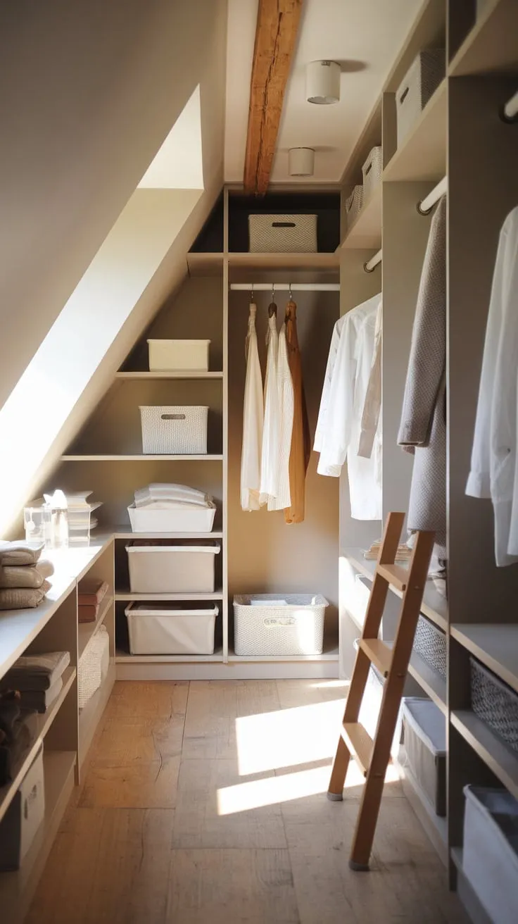 This attic walk-in closet beautifully combines functionality and warmth, making it the perfect retreat for organizing your wardrobe in style.