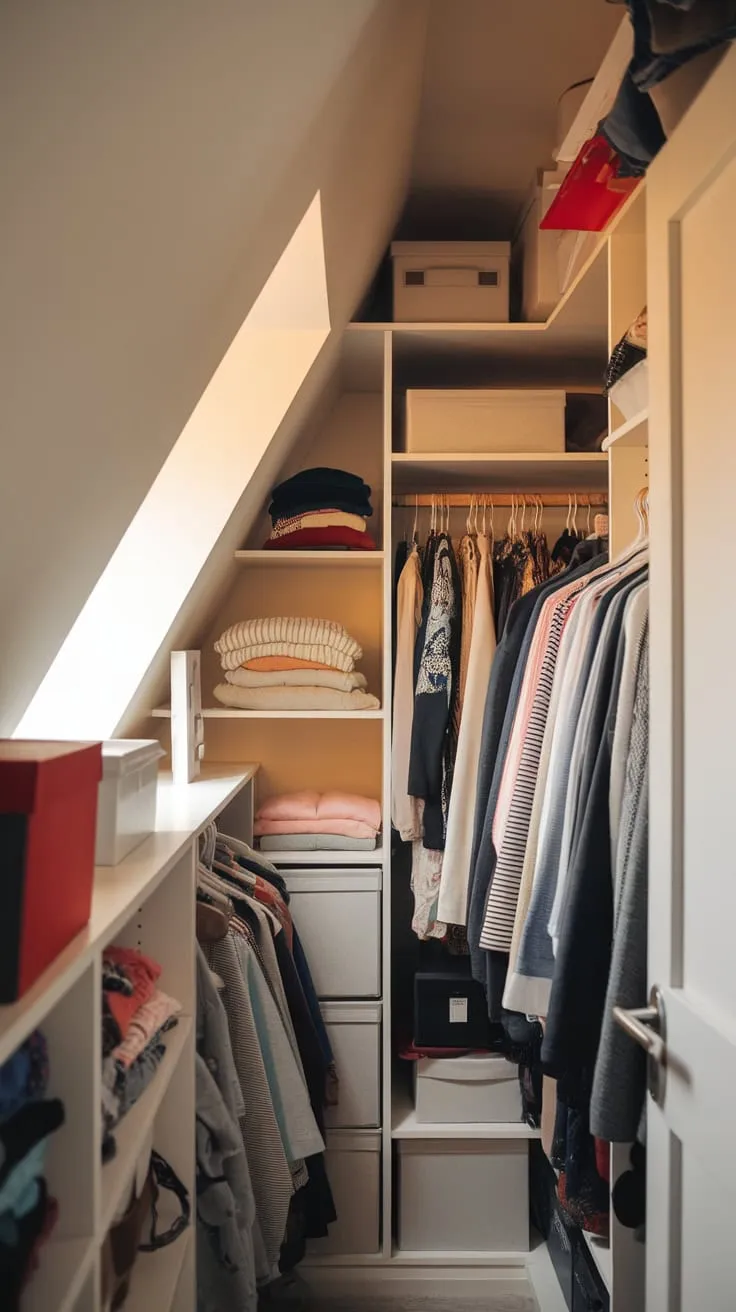 This beautifully organized attic walk-in closet transforms an often-overlooked space into a stylish and functional retreat for your wardrobe.