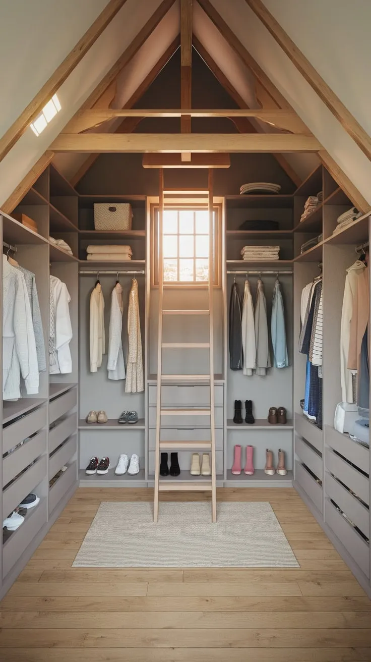 Step into your attic walk-in closet, where sprawling shelves and hanging racks meet the sloping eaves and soft glow of a dormer window, transforming the space into a surprisingly inviting haven for curating your personal style.