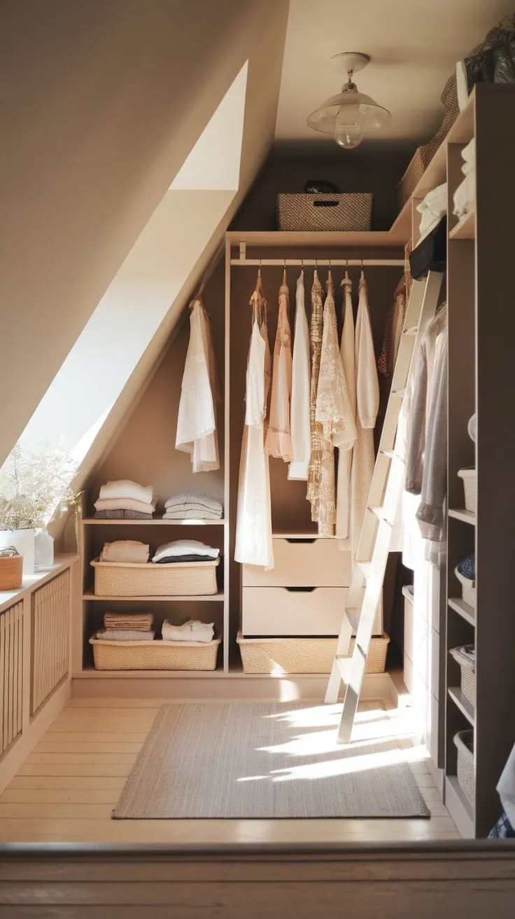 Imagine stepping into your attic walk-in closet, a space so beautifully organized it feels like a boutique. Neutral tones reign supreme, a carefully chosen wardrobe that doesn't just store clothes, but invites you to embrace effortless elegance with every outfit.